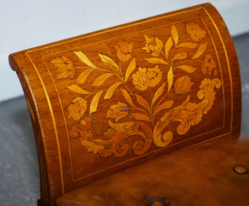 ANTIQUE 1860 DUTCH MARQUETRY WINDOW PIANO STOOL WITH HAND DYED CHESTERFIELD SEAT
