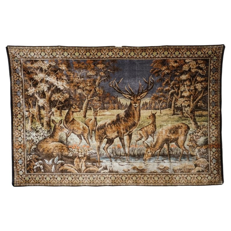 VINTAGE WOVEN WALL TAPESTRY WOODLAND STAG & DEER SCENE RUSTIC HUNTiNG LODGE