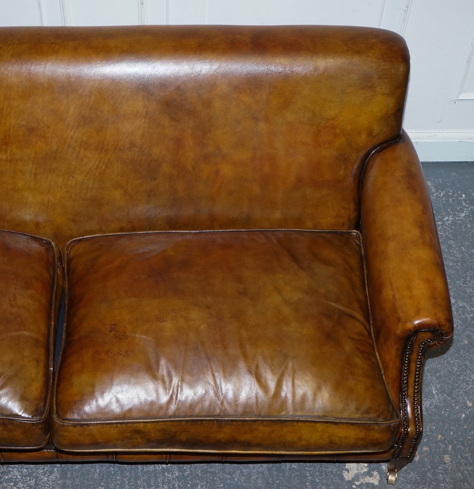 ENGLISH RESTORED HAND DYED LEATHER TWO TO THREE SEATER SOFA