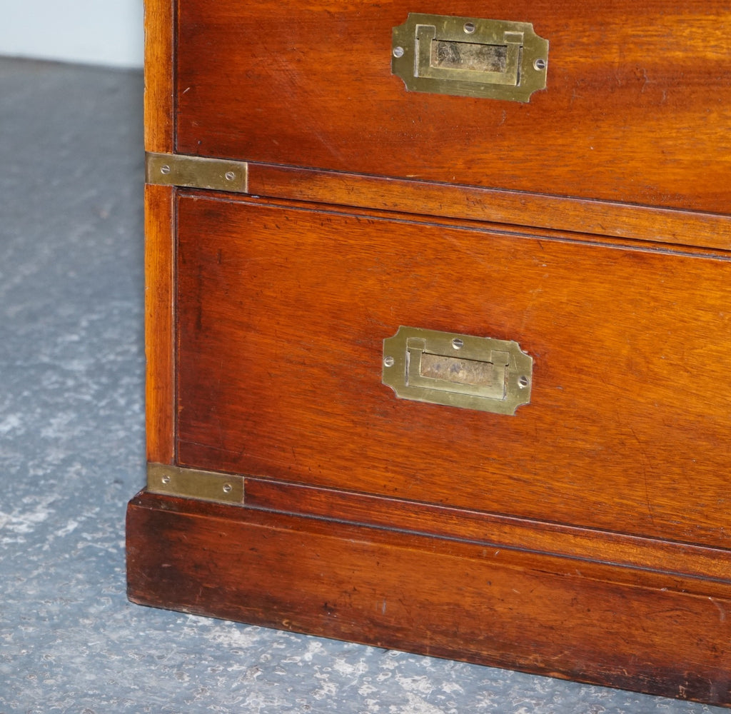 VINTAGE YEW WOOD MILITARY CAMPAIGN SIDEBOARD BANK OF DRAWERS WITH BRASS HANDLES