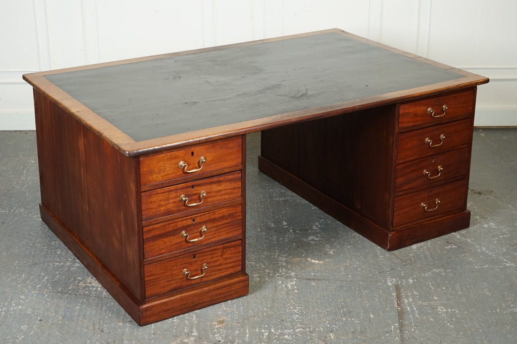 ANTIQUE HUGE DISTRESSED PARTNERS DESK WITH NAVY BLUE LEATHER TOP J1