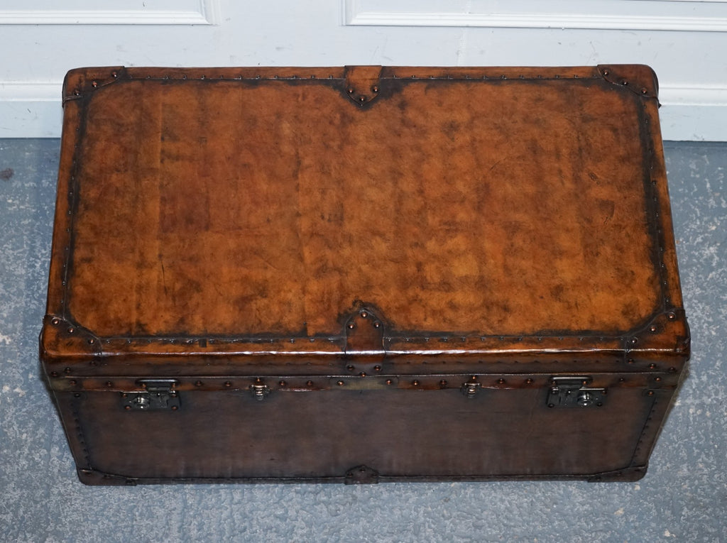 FULLY RESTORED HAND DYED BROWN LEATHER LOCKABLE STORAGE TRUNK