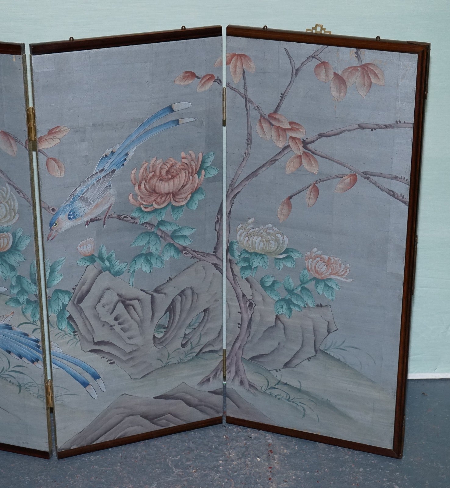 VINTAGE EXOTIC ORIENTAL BIRDS & FLOWERS FOLDING FOUR PANEL PETITE ROOM DIVIDER
