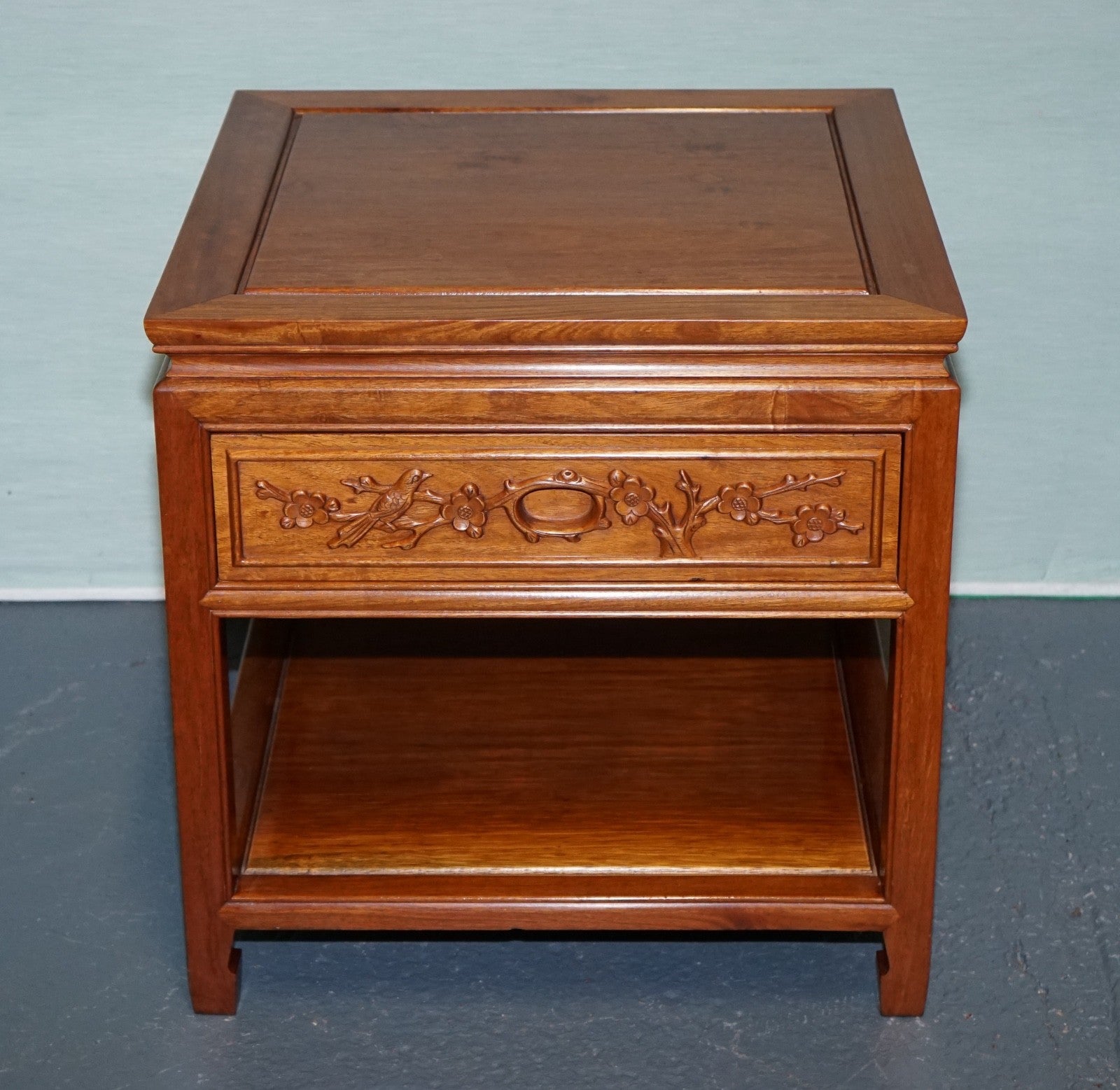 ORIENTAL CHINESE VINTAGE TEAK NIGHTSTAND BEDSIDE TABLE WITH DRAWER