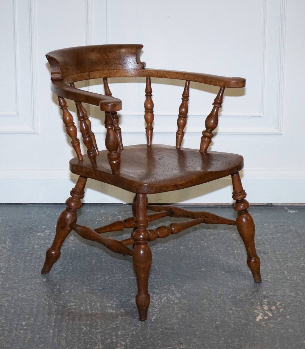 GORGEOUS PATINA EDWARDIAN SOLID ELM BOW BACK SMOKERS CAPTAINS CHAIR