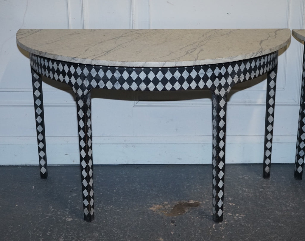 ENGLISH GEORGIAN HAND PAINTED PAIR OF DEMI LUNE SIDE CONSOLE TABLE MARBLE EFFECT