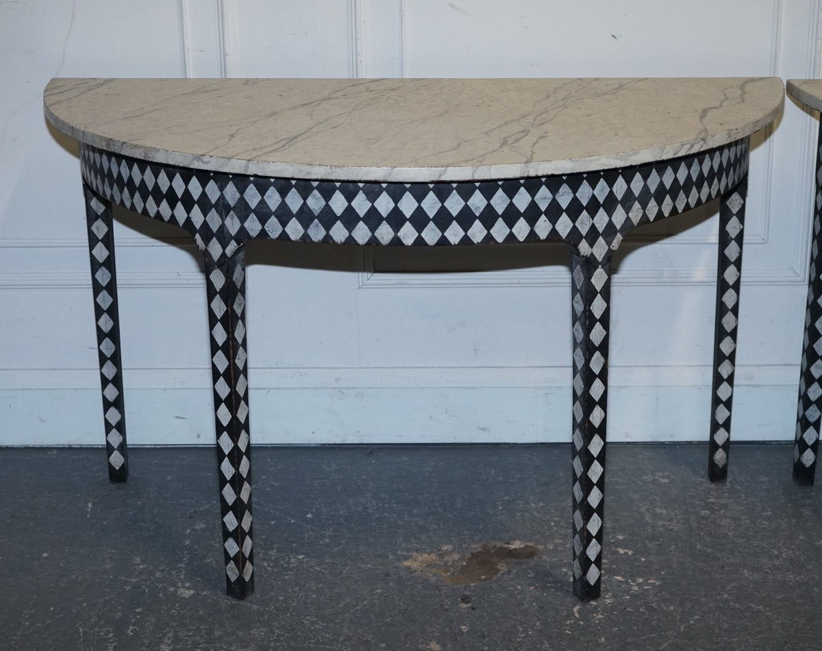 ENGLISH GEORGIAN HAND PAINTED PAIR OF DEMI LUNE SIDE CONSOLE TABLE MARBLE EFFECT