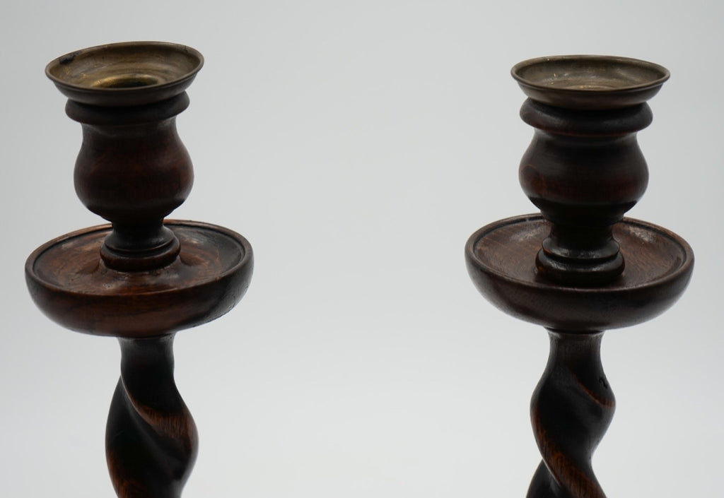 EARLY ViCTORIAN PAIR OF ENGLISH OAK BARLEY TWIST CANDLE STICKS (3)