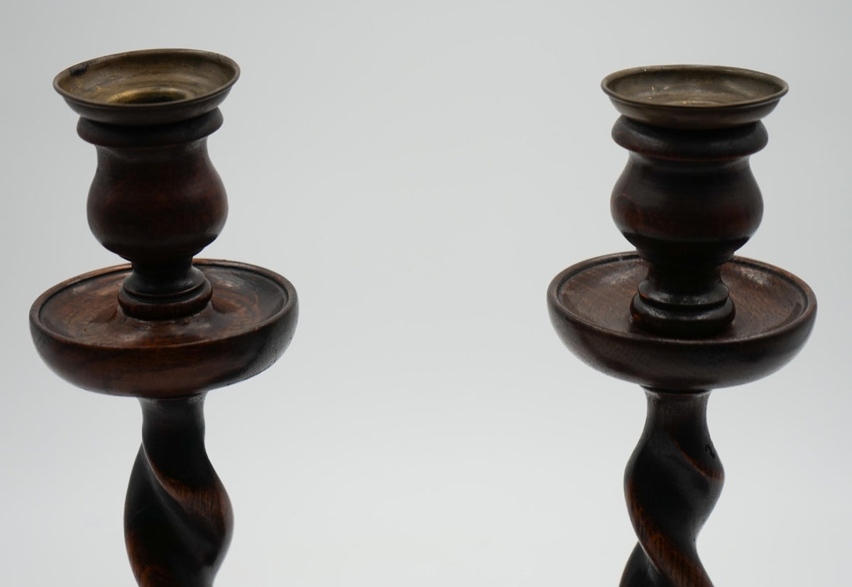 EARLY ViCTORIAN PAIR OF ENGLISH OAK BARLEY TWIST CANDLE STICKS (3)