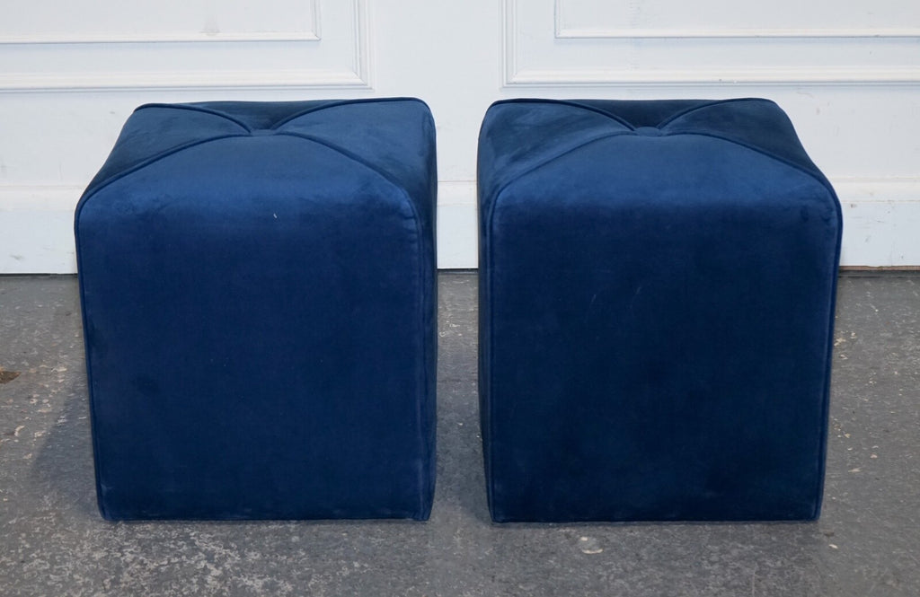EX SHOWROOM ART DECO STYLE PAIR OF BLUE VELVET TOUCH FABRIC BLUE STOOLS