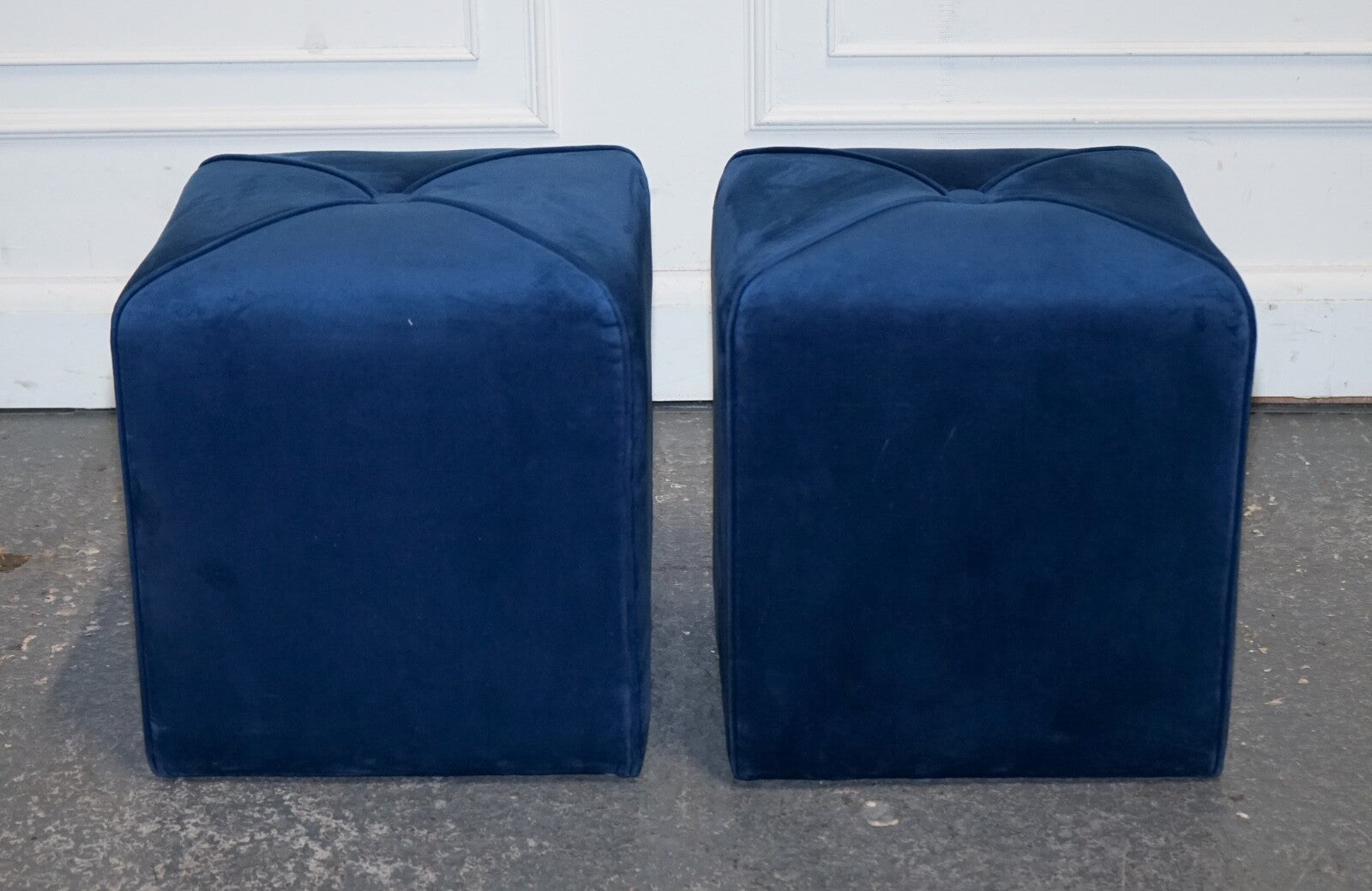 EX SHOWROOM ART DECO STYLE PAIR OF BLUE VELVET TOUCH FABRIC BLUE STOOLS