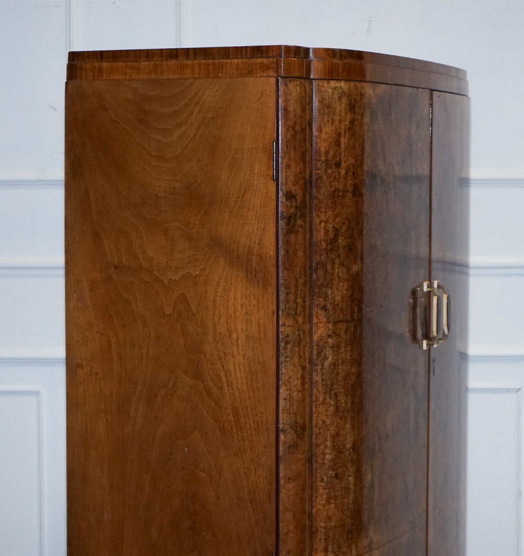 ANTIQUE CIRCA 1930'S ENGLISH BURR WALNUT ART DECO TWO DOOR WARDROBE WITH SHELVES