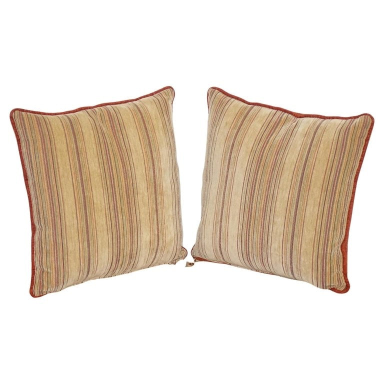 VINTAGE PAIR OF BEIGE STRIPPED & BURNT ORANGE FEATHER FILLED SCATTER CUSHIONS