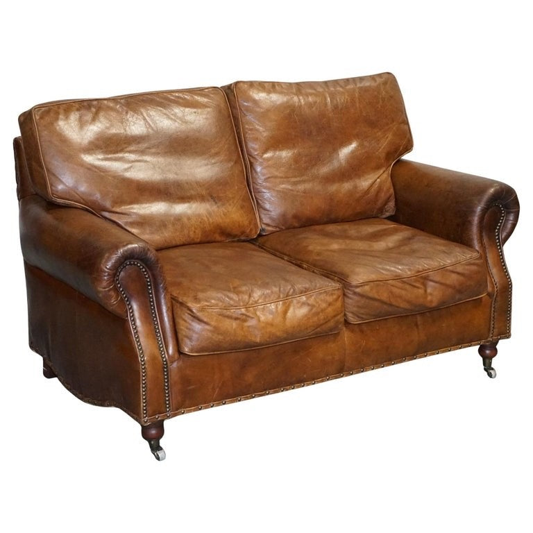 HALO TIMOTHY OULTON STYLE BALMORAL TWO SEATER BROWN HERITAGE LEATHER SOFA
