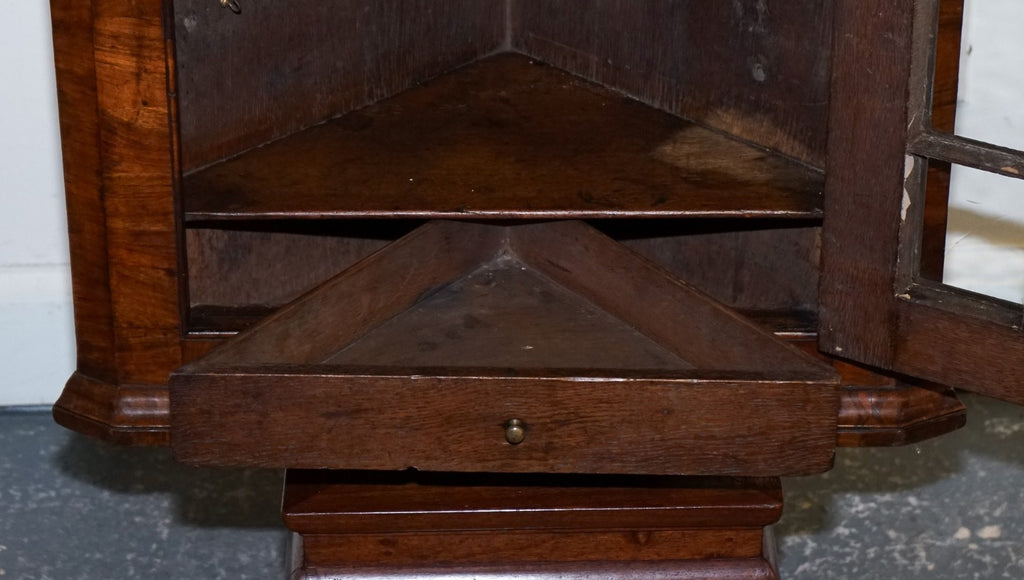 GEORGIAN CORNER HANGING DISPLAY CABINET BOOKCASE GLAZED DOOR DRAWER INSIDE