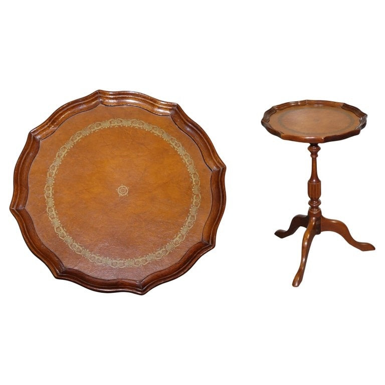 VINTAGE GEORGIAN STYLE TRIPOD TABLE WITH SCALLOPED EDGE & BROWN LEATHER TOP