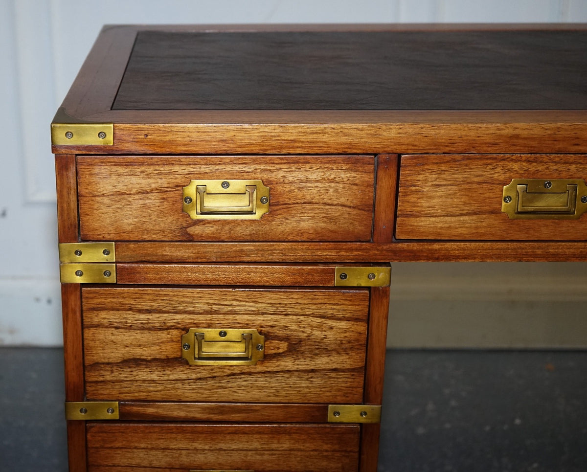 VINTAGE MILITARY CAMPAIGN TWIN PEDESTAL DESK WITH BRASS FITTINGS