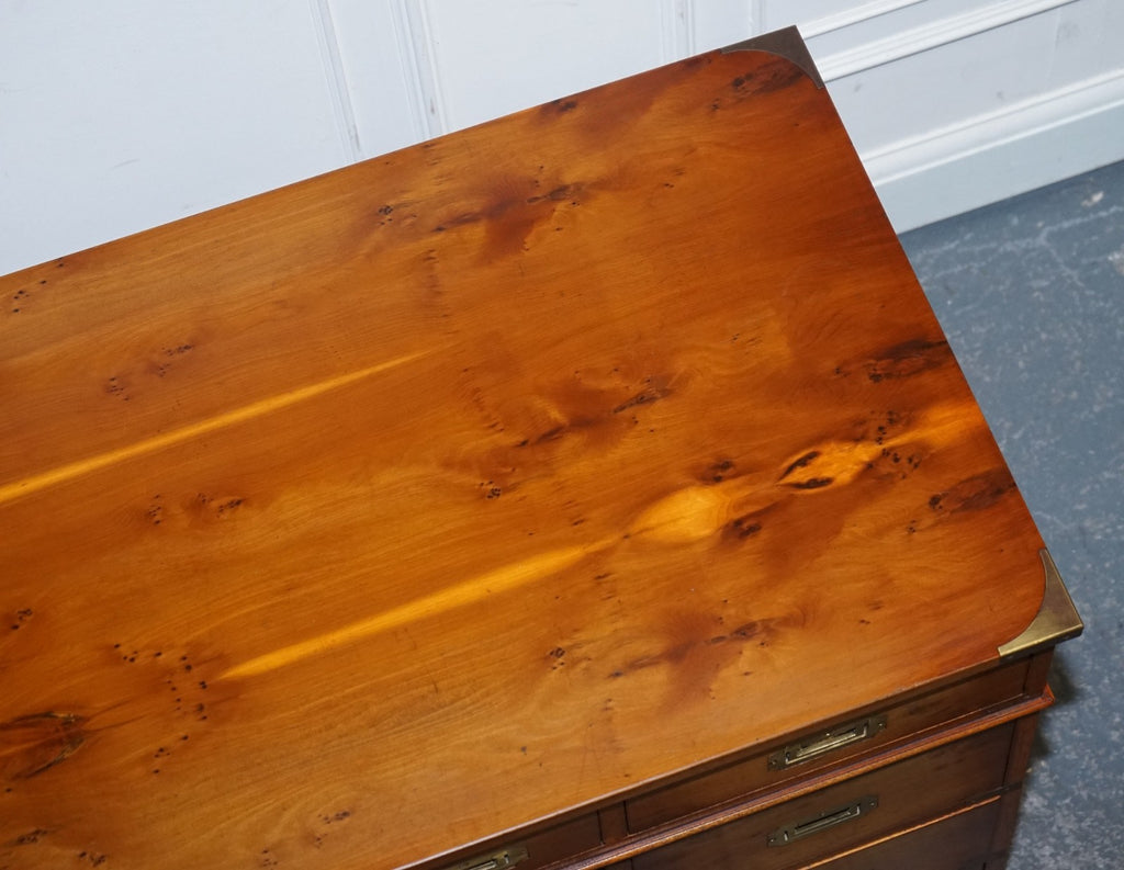 VINTAGE MILITARY CAMPAIGN YEW WOOD TWIN PEDESTAL DESK