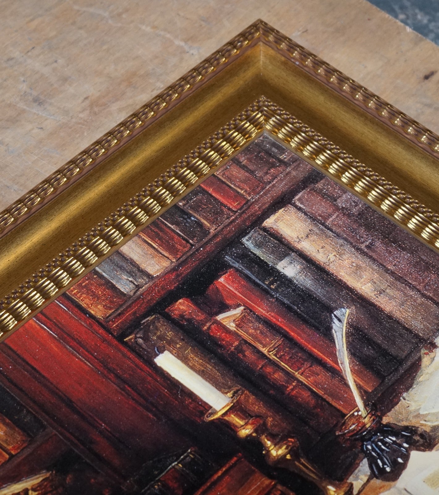 VINTAGE SOPHISTICATED LIBRARY SETTING PRINT IN GILTED FRAME  64 X 114 CM