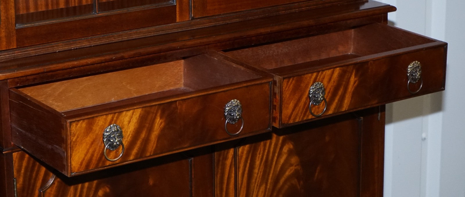 PAIR GEORGIAN STYLE DISPLAY CABINETS BOOKCASES WITH BRASS LION HANDLES