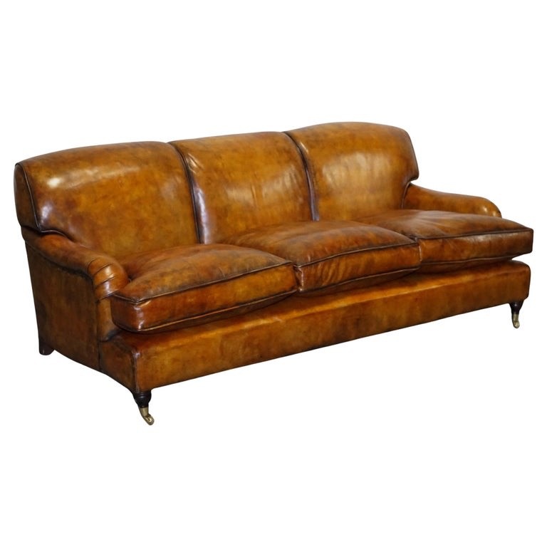RESTORED HAND DYED LEATHER THREE SEATER SOFA HOWARD & SONS STYLE FEATHER FILLED