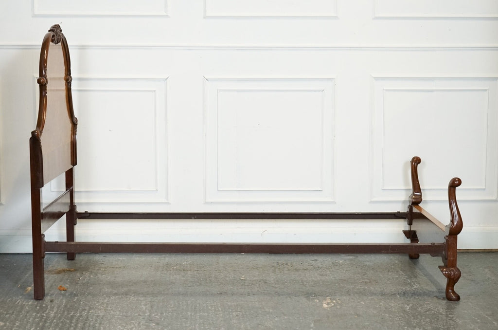 CIRCA 1930 ART DECO BURR WALNUT ENGLISH MADE VONO BEDSTEAD FRAME QUEEN ANNE LEGS