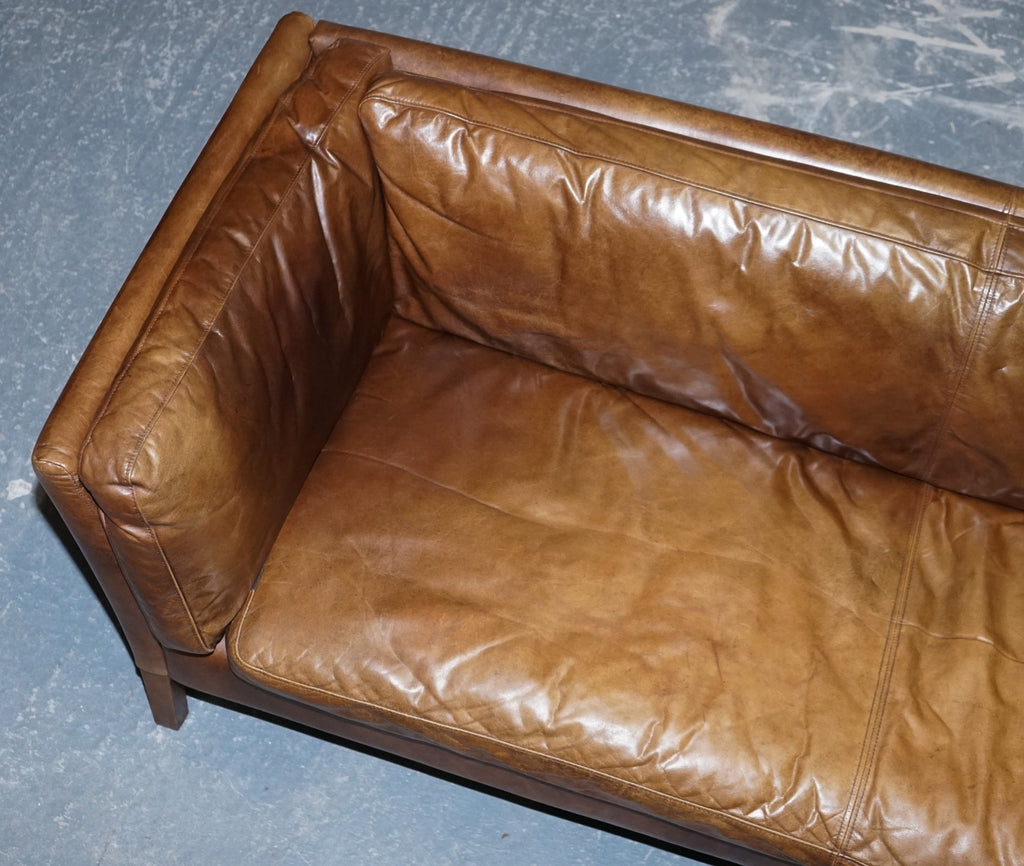 LARGE COMFORTABLE HALO GROUCHO BROWN LEATHER THREE SEATER SOFA