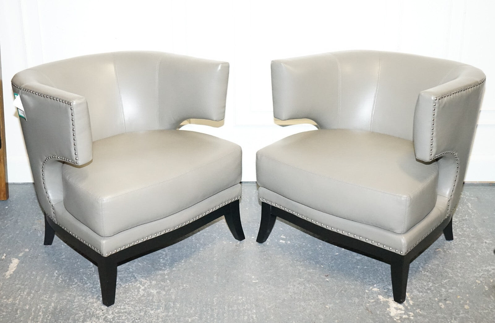 CONTEMPORARY COACH HOUSE GREY LEATHER ROUND BACK ARMCHAIRS WiTH STUDS