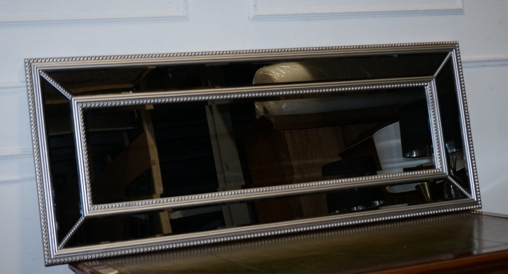 BEAUTIFUL LARGE SILVER BEADED CUSHIONED BEVELLED RECTANGULAR MIRROR