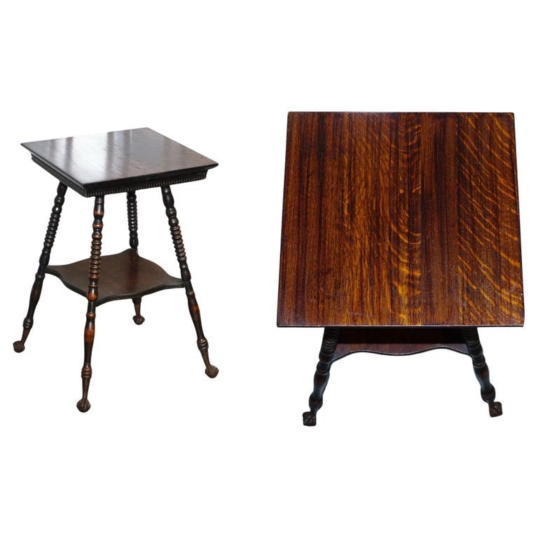 ANTIQUE VICTORIAN TIGER OAK SIDE TABLE TURNED BOBBIN LEGS WITH CAST IRON FEET