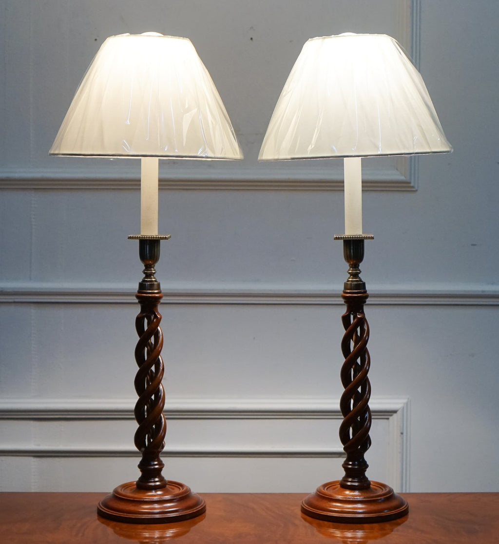 ANTIQUE PAIR OF ENGLISH OPEN BARLEY TWIST CONVERTED CANDLESTICKS TO  TABLE LAMPS