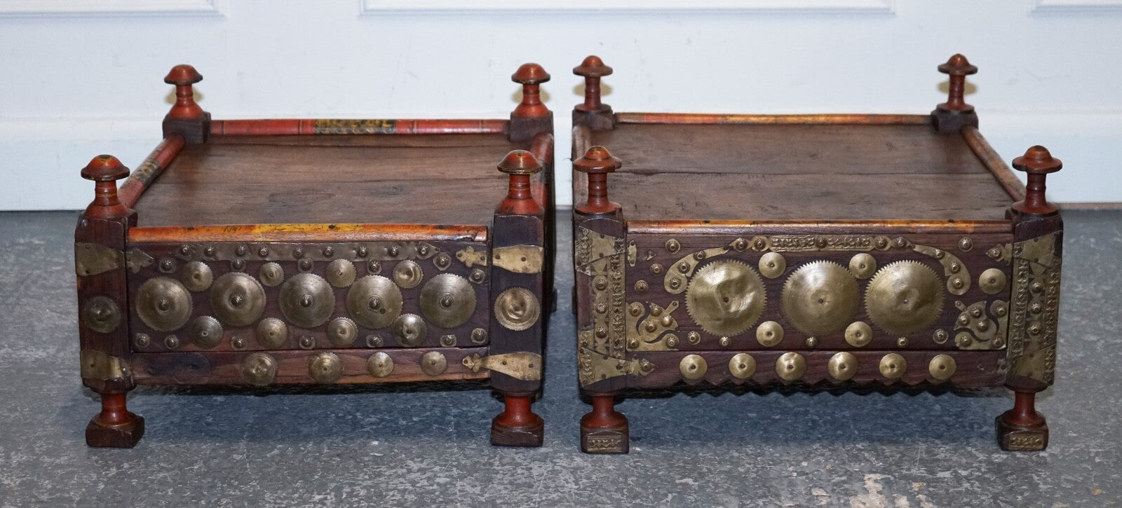 ANTIQUE PRIMITIVE ORIENTAL ASIAN SIDE TABLES HAND PAINTED VERY DECORATIVE