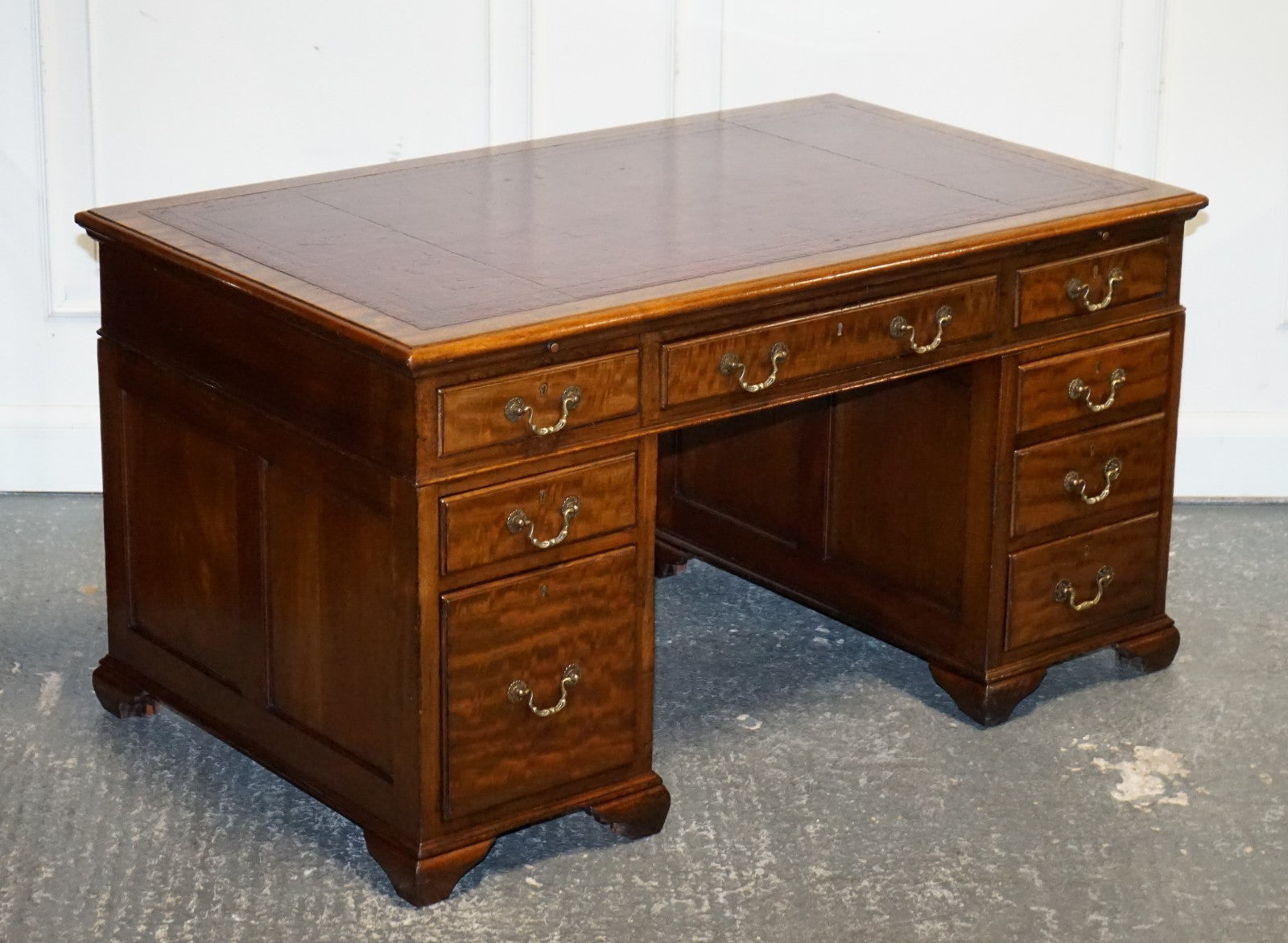 ANTIQUE RESTORED HOBBS & CO LONDON TWIN PEDESTAL DESK HAND DYED RED LEATHER TOP