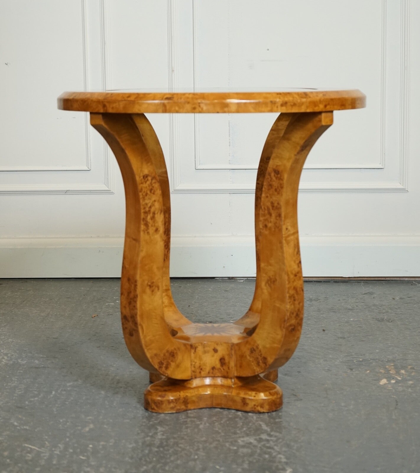 ART DECO BURR WALNUT CIRCULAIR PEDESTAL ROUND CONSOLE CENTER TABLE J1