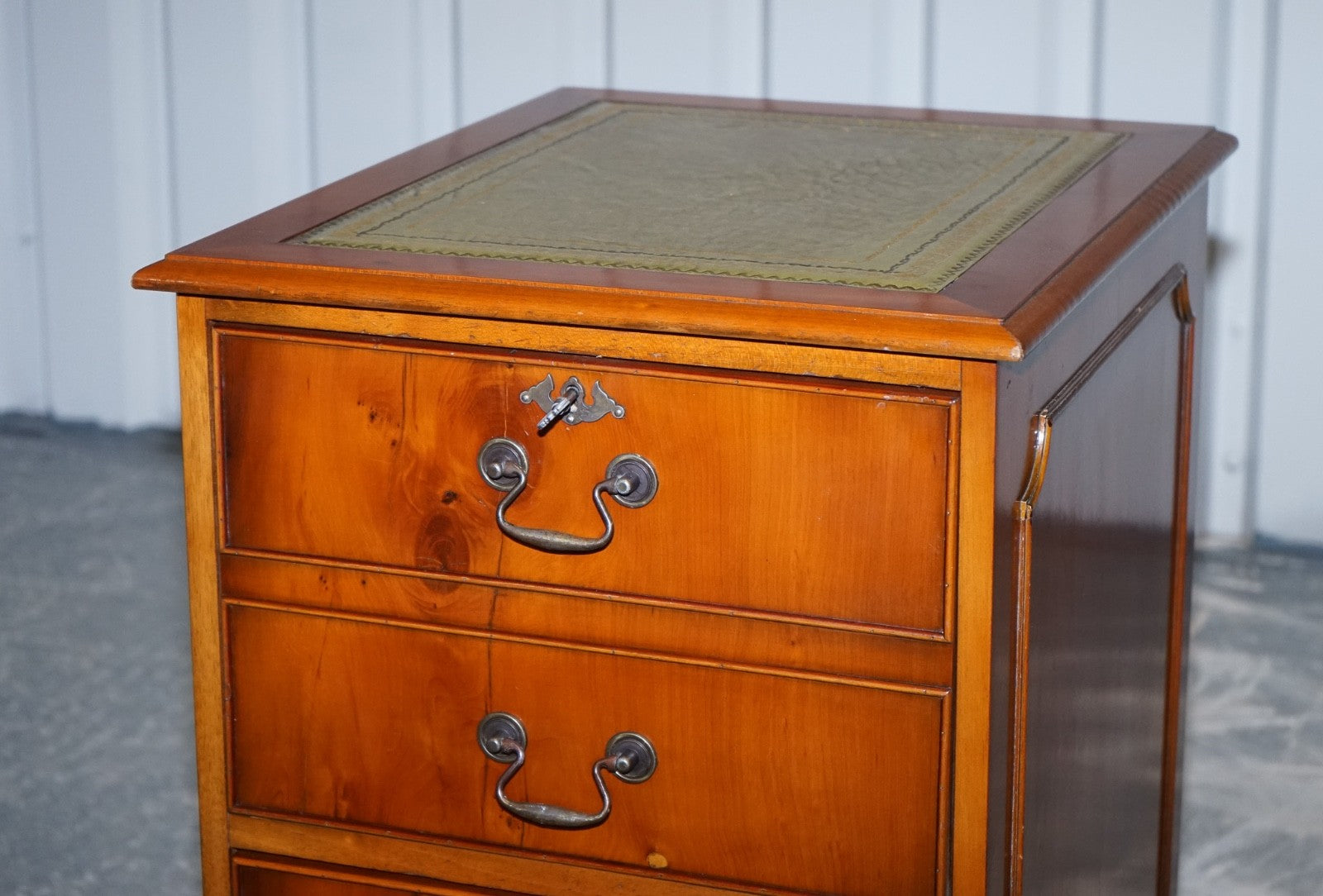 VINTAGE YEW WOOD FILLING CABINET WITH GREEN LEATHER TOP AND TWO DRAWERS (2)