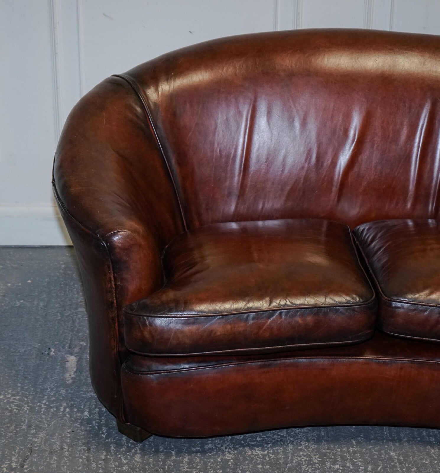 1920'S ART DECO RESTORED HAND DYED WHISKEY BROWN SUITE SOFA ARMCHAIRS FOOTSTOOLS
