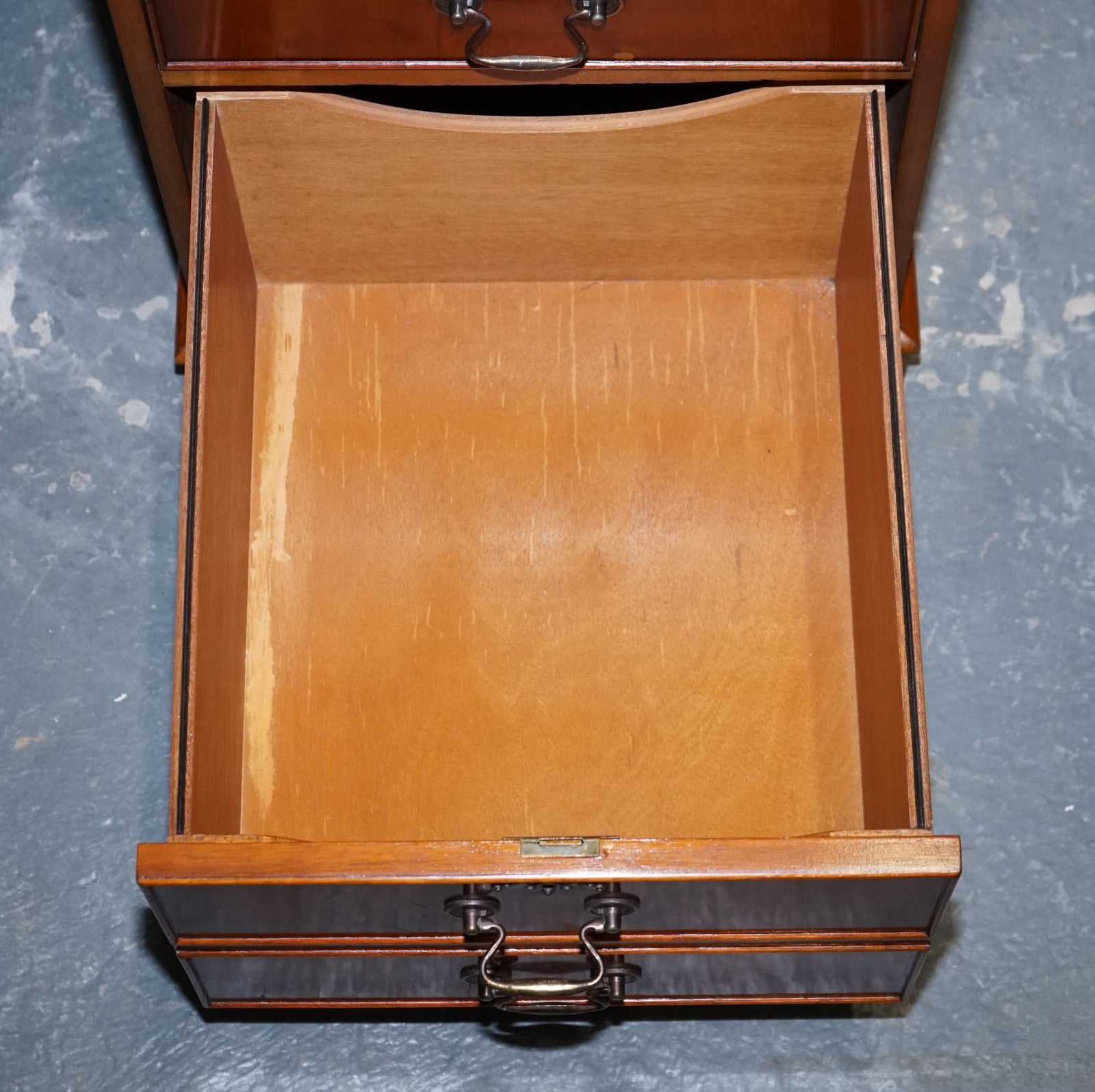 VINTAGE YEW WOOD FILLING CABINET WITH GREEN LEATHER TOP AND TWO DRAWERS (2)