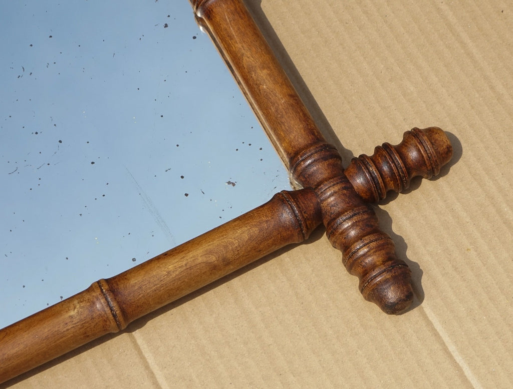ANTIQUE ENGLISH DECORATIVE FAUX BAMBOO WALL MiRROR WITH LIGHT FOXING GLASS