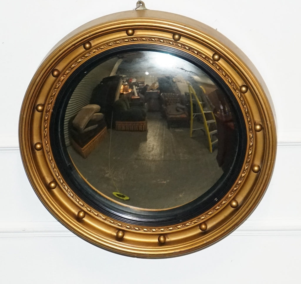 ANTIQUE 1920'S BUTLERS CONVEX BLACK & GOLD GILT WOOD WALL MIRROR