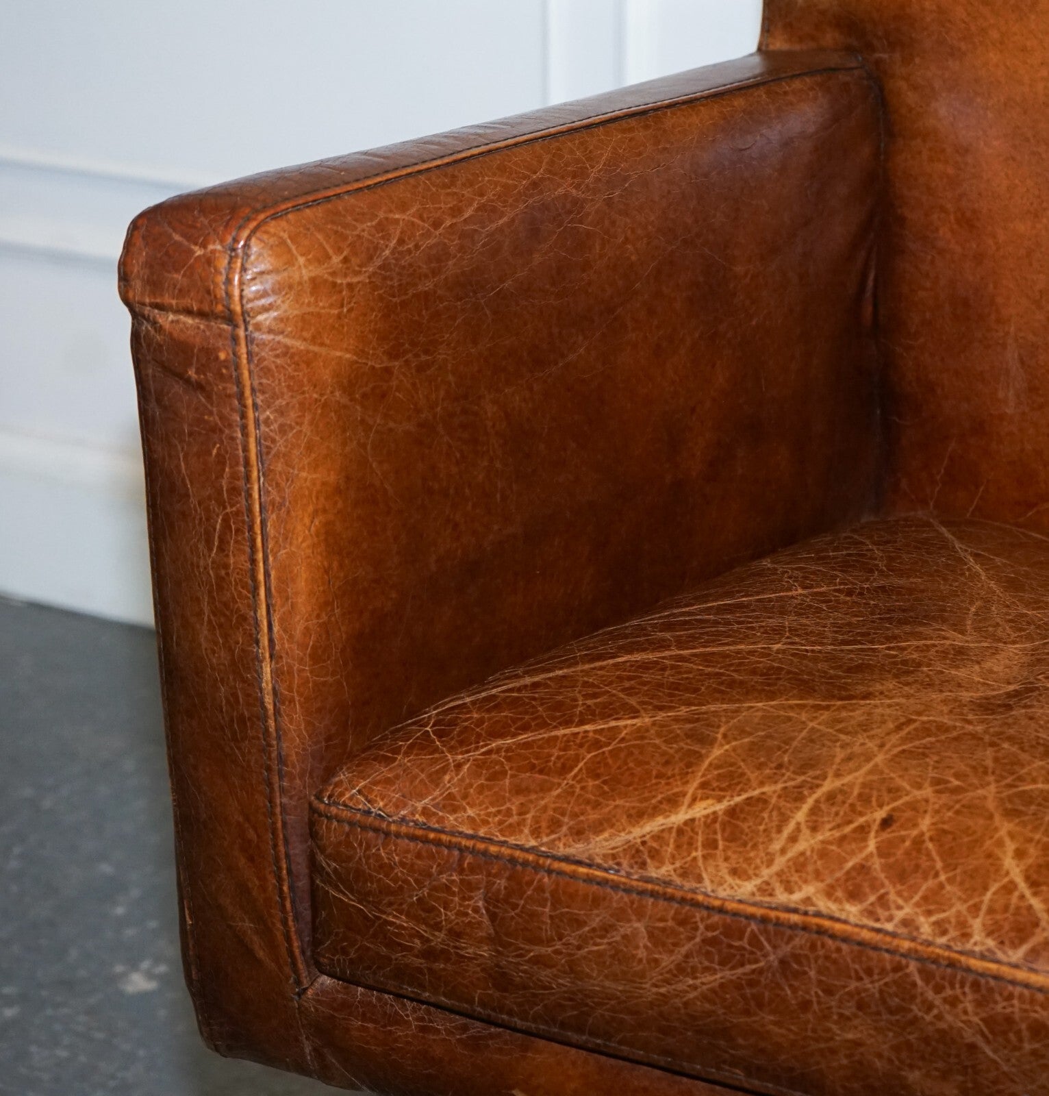 VINTAGE BROWN LEATHER AVIATOR METAL SWIVEL OFFICE CAPTAINS ARMCHAIR