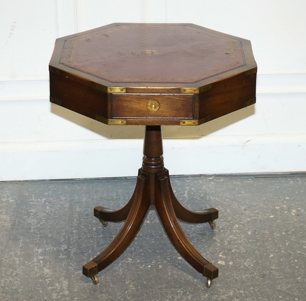 REVOLVING MILITARY CAMPAIGN BURGUNDY LEATHER DRUM SIDE END TABLE BEVAN FUNNELL