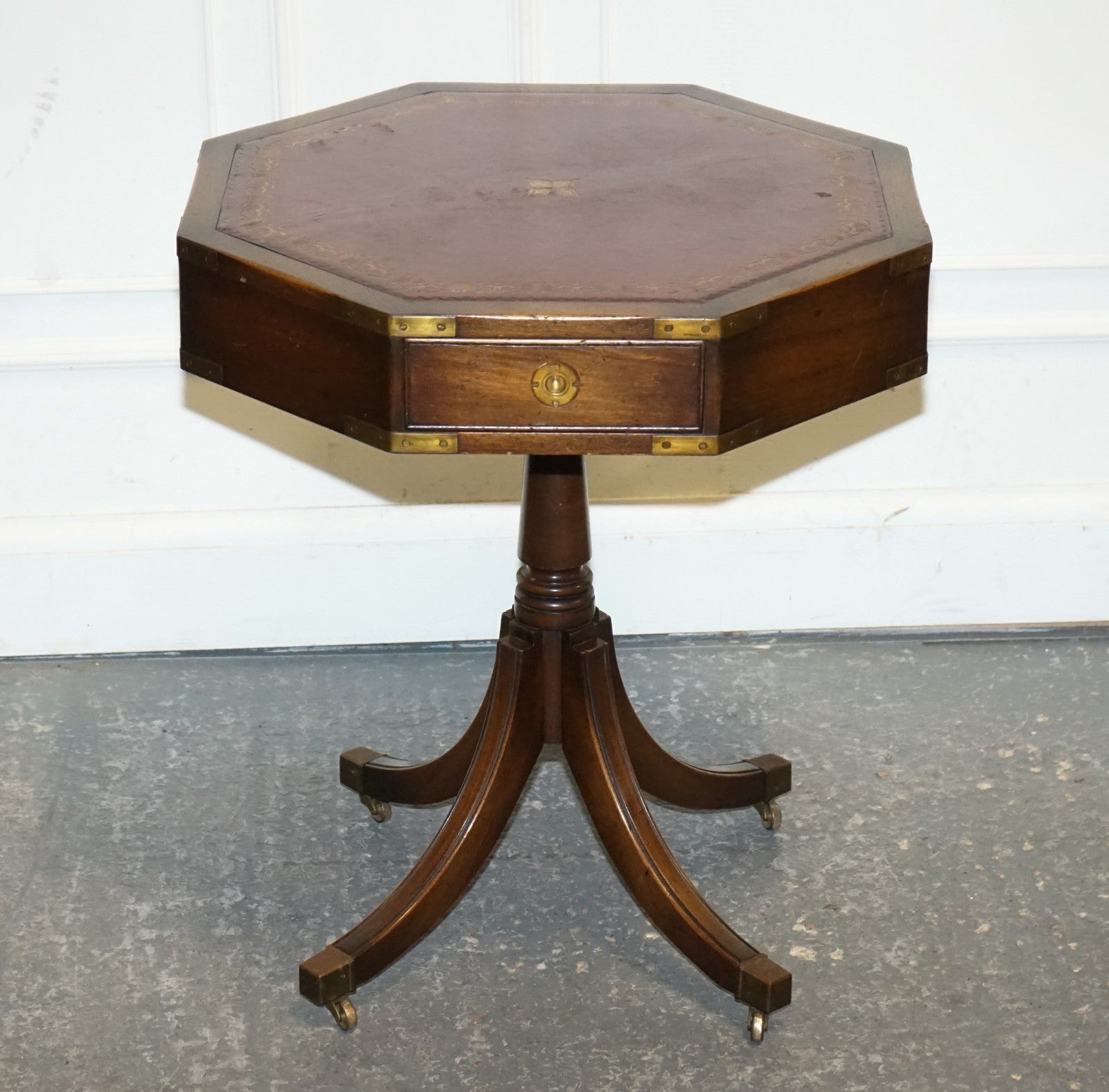 REVOLVING MILITARY CAMPAIGN BURGUNDY LEATHER DRUM SIDE END TABLE BEVAN FUNNELL
