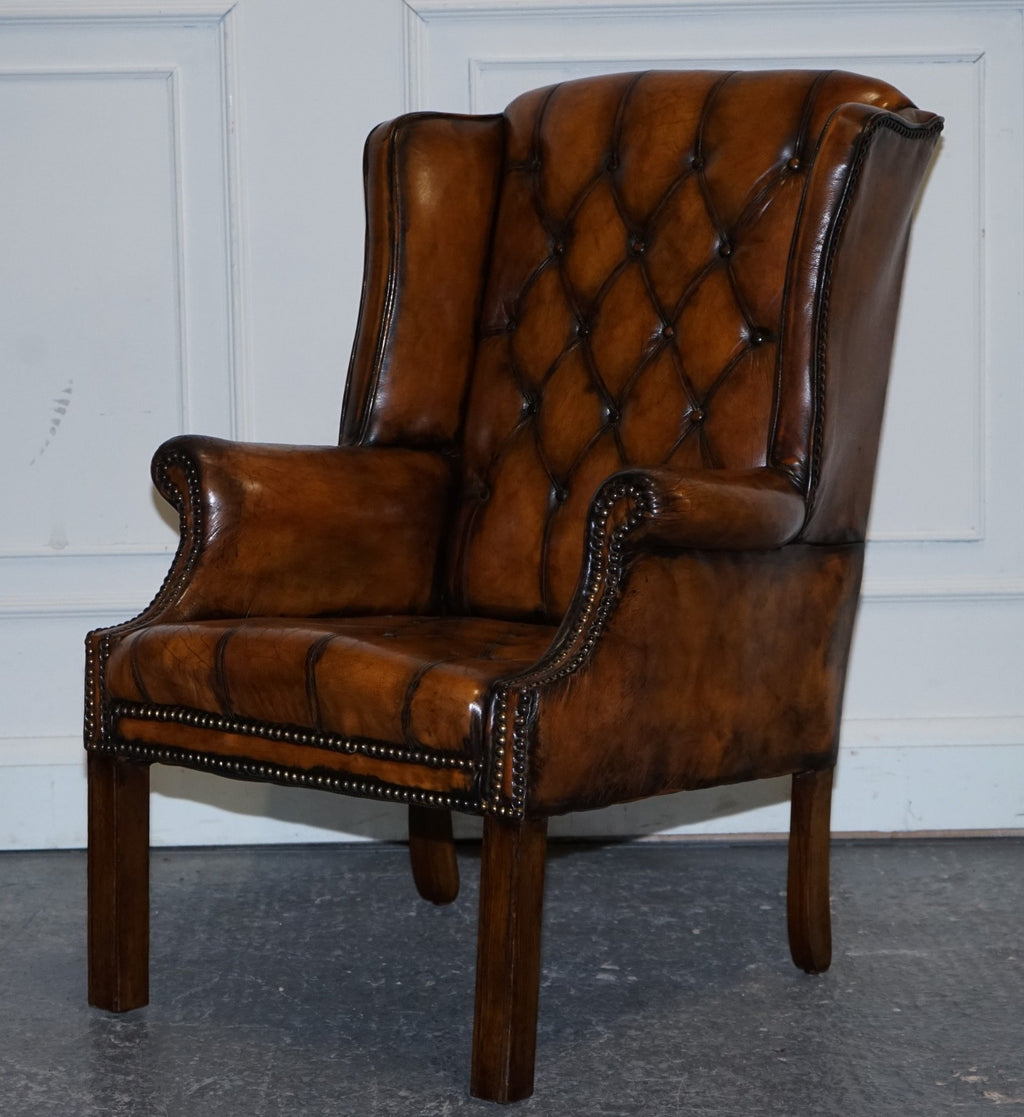 STUNNING 1960'S HAND DYED BROWN LEATHER CHESTERFIELD WINGBACK ARMCHAIRS