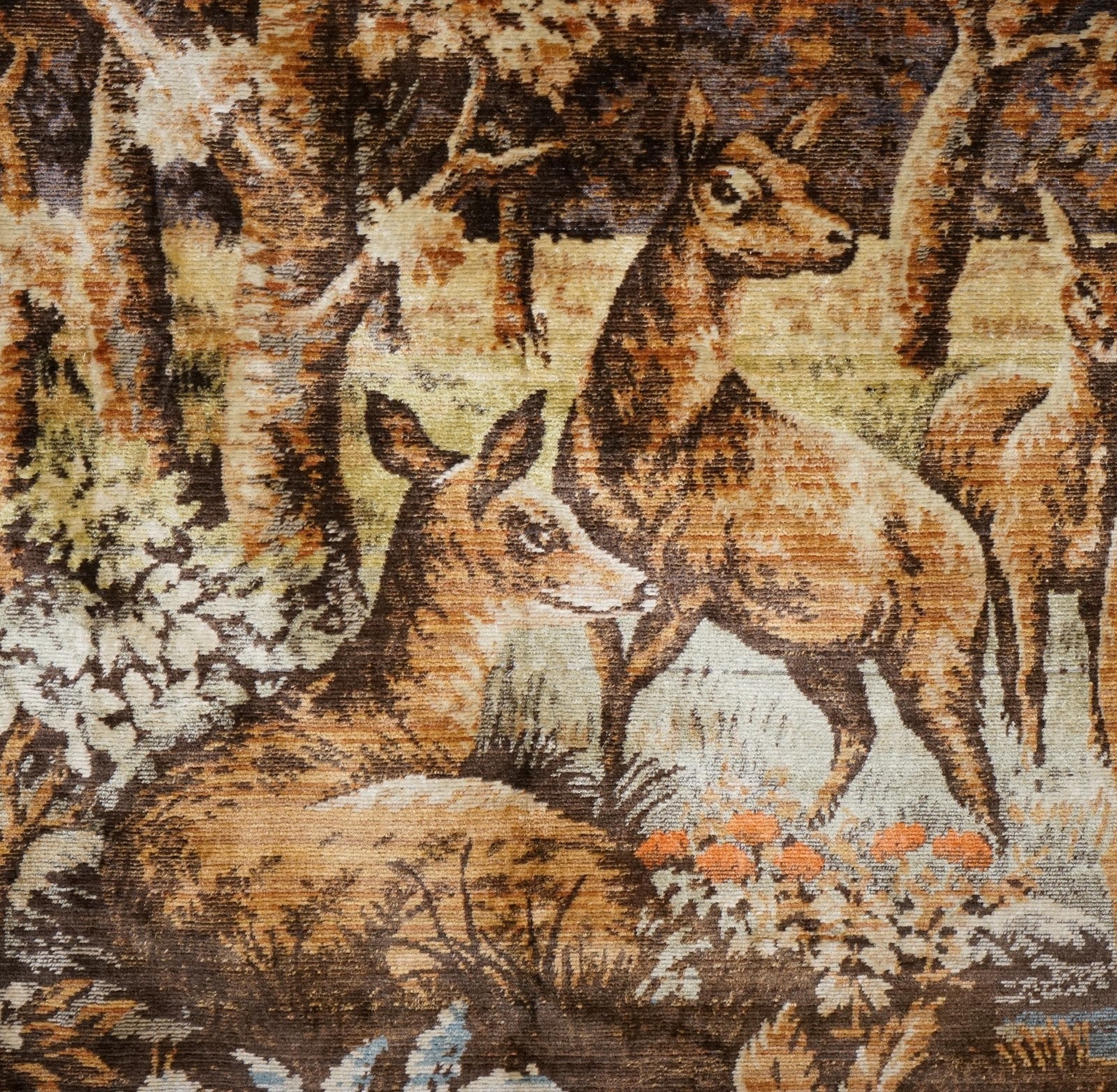 VINTAGE WOVEN WALL TAPESTRY WOODLAND STAG & DEER SCENE RUSTIC HUNTiNG LODGE
