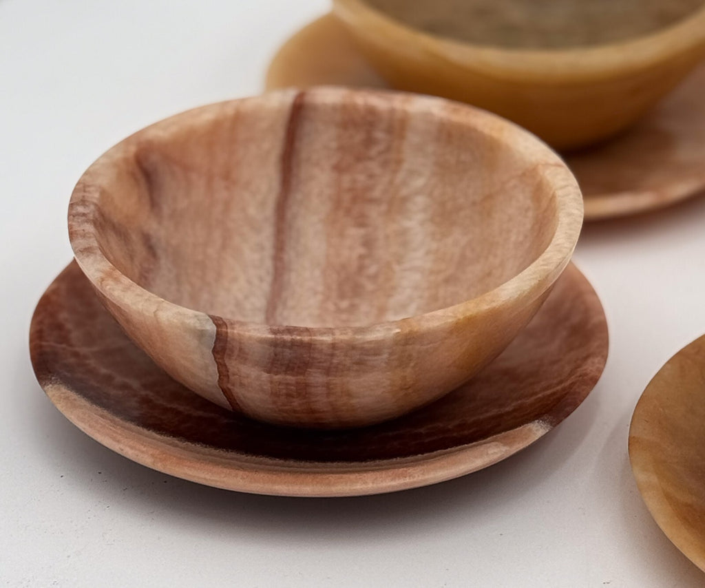 SET OF SIX VINTAGE ONYX PLATE AND BOWL HANDMADE IN EGYPT