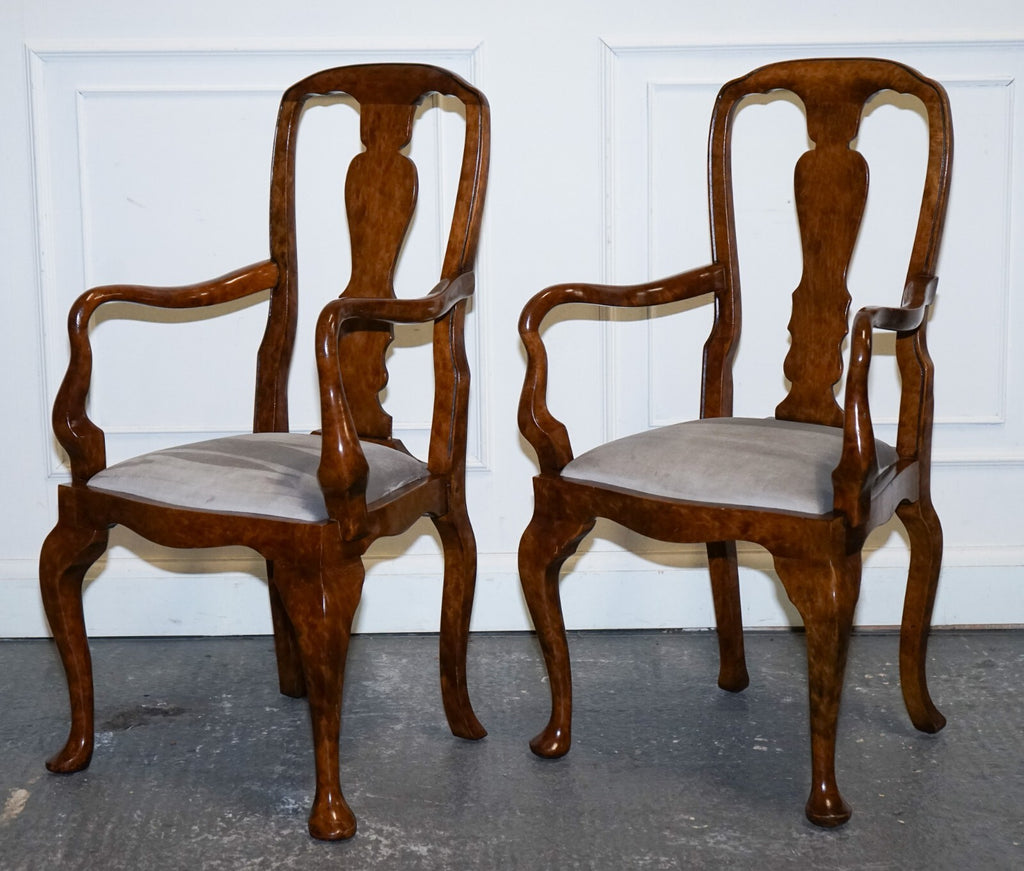 1920'S ART DECO PAIR OF QUEEN ANNE STYLE BURR WALNUT HALLWAY ELBOW ARMCHAIRS