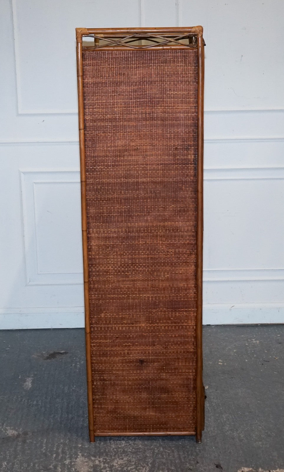 VINTAGE RATTAN AND CANE TWO DOOR AMOIRE OR WARDROBE WITH ONE DRAWER