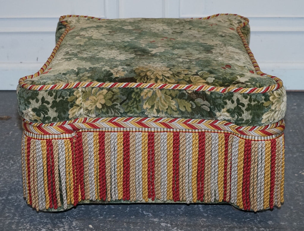 VINTAGE GREAT HARDWICKE TAPESTRY FABRIC OTTOMAN WITH TASSELS AND FRINGE
