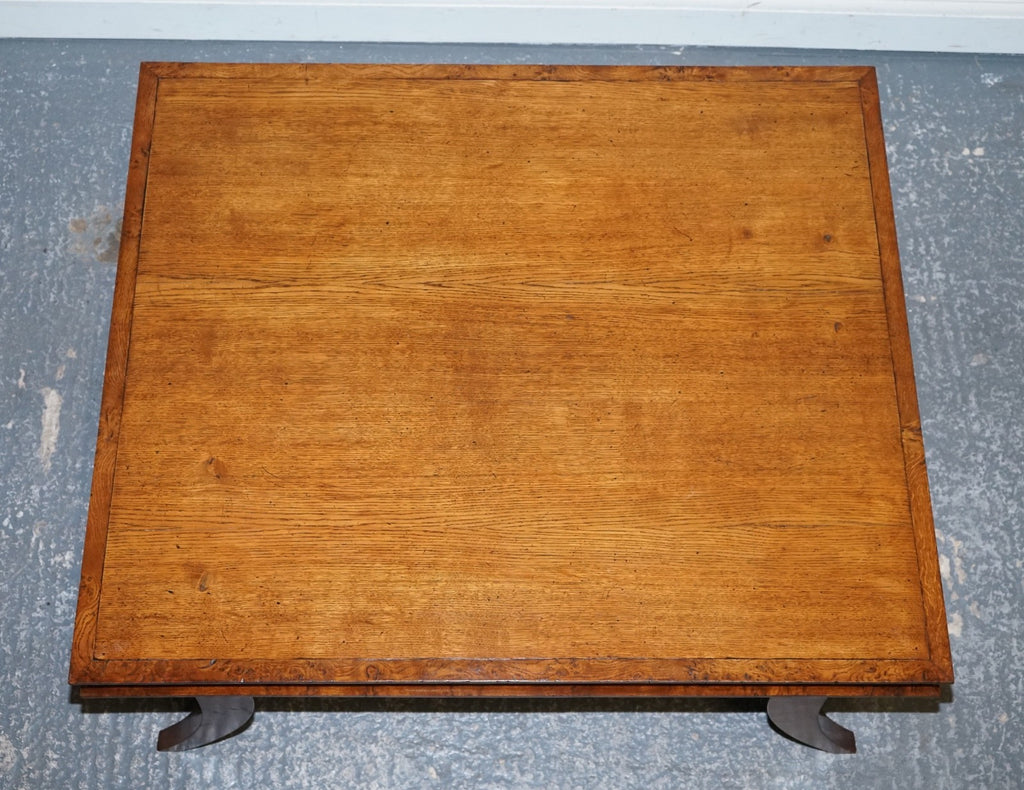 ANTIQUE ART DECO GOLDEN OAK COFFEE TABLE MAPPA BURL TRIM & SPLAYED LEGS