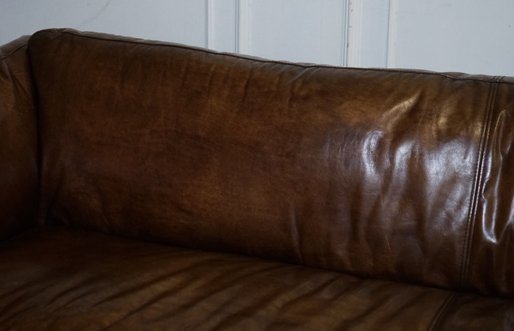 HALO GROUCHO BEAUTIFUL BROWN LEATHER THREE SEATER COMPACT SOFA